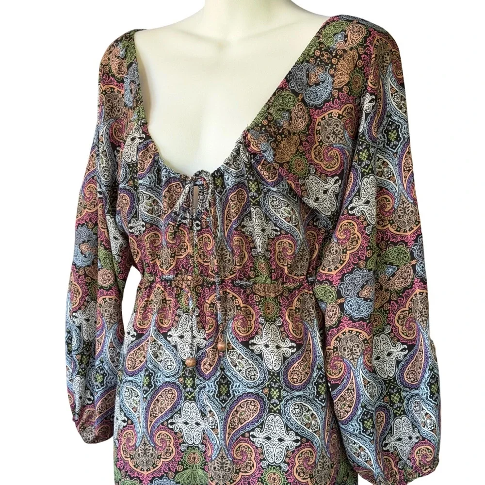 Earthbound Trading Co V Neck Lantern Sleeve Mini Dress Paisley Print Boho size S